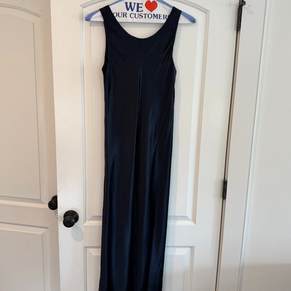 Vince Satin Midi Dress in Midnight Blue. Scoop neck and bias cut, size S/P